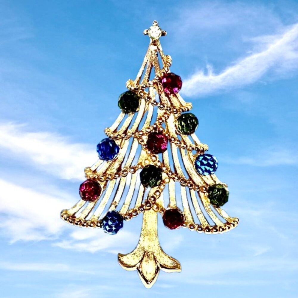 Trifari Vintage Crown Goldtone Multi-Color Rhinestone Christmas Tree Brooch